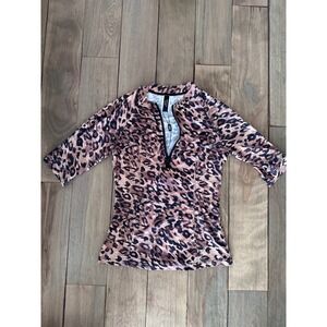 Nip Tuck Swim Womens Leopard Print Half Zip Rash Guard Swim Top Brown Size 6 NEW